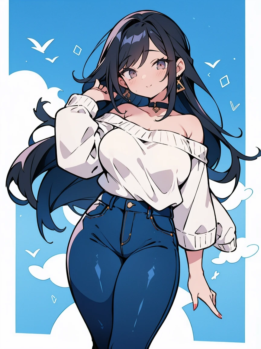 30-year-old woman、Soft wavy long hair、Shiny hair quality、Sparkling blue eyes、A feminine and soft body、developed buttocks、Toned thighs and calves、Wearing high heels、Shiny red off-the-shoulder mini flareTshirt、huge breasts, High rise navy jeans、A low-angle shotPhotographed with a slight fisheye lens effect、Shooting focused on the lower body、(From below:1.3)、Smiling while looking down at the photographer
