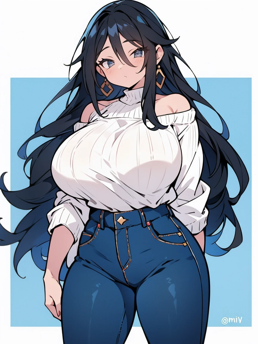 Sexy naked girl with long black hair without bangs and big wearing a white off-shoulder sweater, blue jeans, brincos e pequena bolsa de ombro