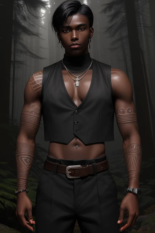 20 year old man dark skin tribal tattoos black hair military cut black vest brown shirt brown pants with black belt silver buckle slim muscular complexion holding a quartz in a forest background with fog at night