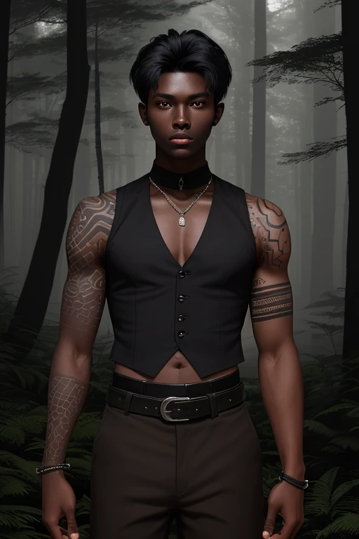 20 year old man dark skin tribal tattoos black hair military cut black vest brown shirt brown pants with black belt silver buckle slim muscular complexion holding a quartz in a forest background with fog at night