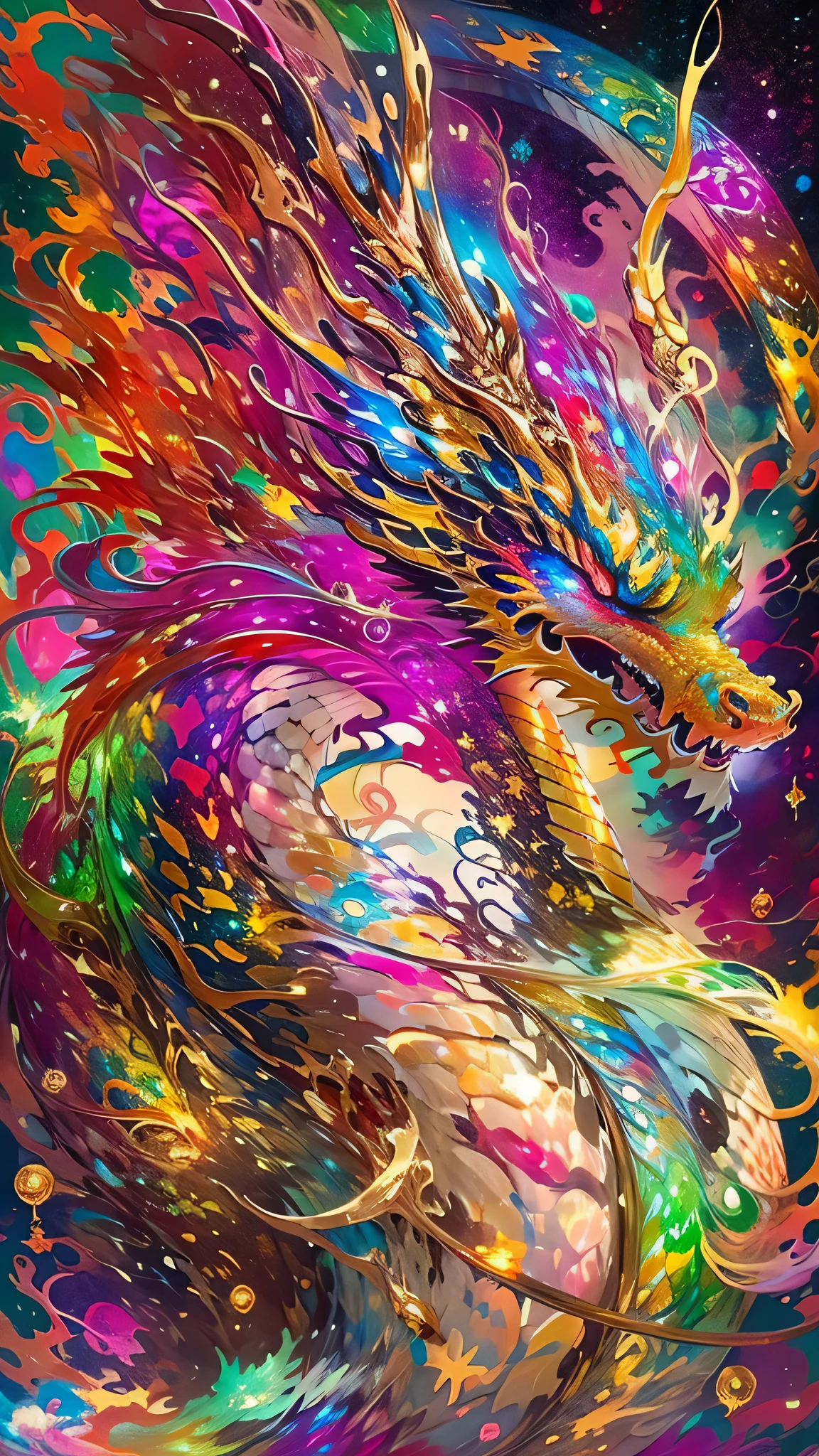 Golden Dragon。Rainbow glowing scales。The dragon god is coming。Golden Splash、Milky Way、god々々right、front、eyesight、Eyes glow red、View front、God's secret