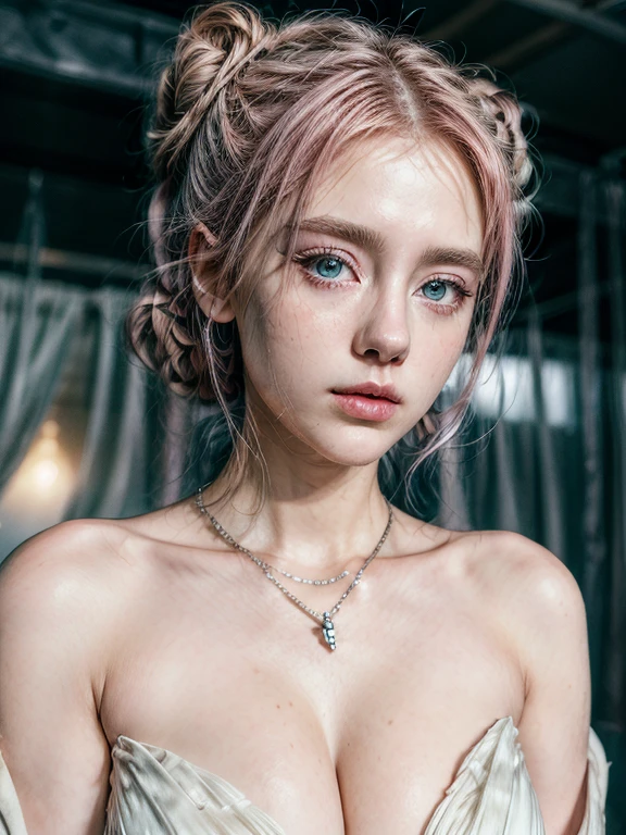masterpiece, best quality, illustration, bun pink hair, Platinum Earrings, Platinum Necklace, White evening dress, High turtle neck clothes,Not showing breasts,1 girl, Lovely, (dynamic lighting:1.2), Cinema lighting, Exquisite facial features, Delicate blue eyes, Wear half-rimmed glasses(focus),sharp pupils, realistic student, depth of field, Bokeh, sharp focus, (Super detailed, bloom, glow:1.4) huge breast