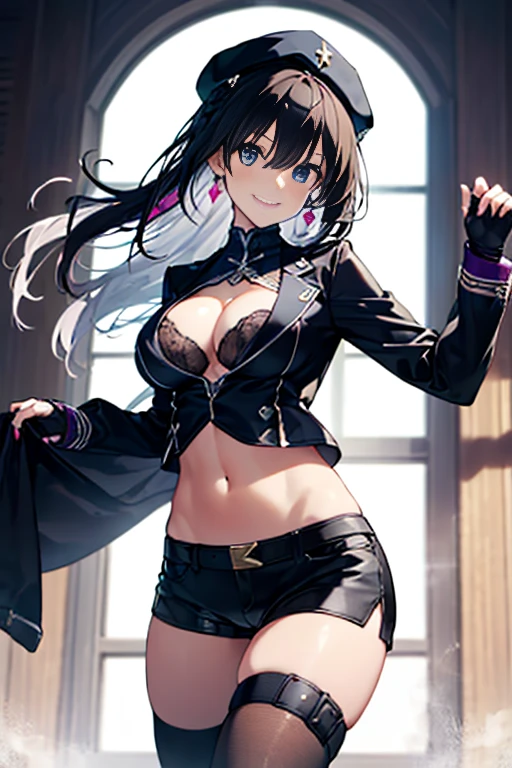 (Thynasha:1.2),dark blue hair,very long hair,hair between eyes,bangs, (miritary beret, black jacket, open clothes, cleavage, midriff, black shorts, black thighhighs, thigh strap, fingerless gloves, single glove:1.2) , (dynamic angle:1.3, front view:1.1, breast focus:1.3, from below:1.2), (dynamic posing:1.5, sexy posing:1.2, leaning forward), (seductive smiling:1.3),(*K) HD, highest quality, WorKs of masters, High resolution, spread legs, panties shot,1 girl, small nose,(with sparkling eyes and a contagious smile), very beautiful detailed face and eyes, bright colors, cute face, delicate beautiful face, Bright magenta eyes, cute eyes, sparkling eyes, Big eyes, (big breasts:1.3), (perky chest:1.1), (pointed chest:1.0), medium hips, glamorous body, white skin, smile, thin pubric hair, shiny hair, super beautiful face, Super beautiful eyes, Super beautiful hair,trendy outfit,sexy and attractive,explosion of colors,big hairpin,full body esbian,illegal occupation, Real World, Natural light,perfect Natural light,looking at viewer,
