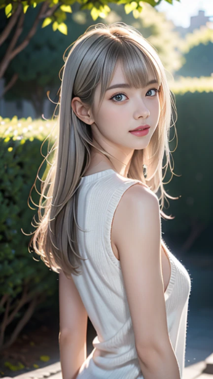 ♥full body,(looking back at the viewer),(elegant blue knit long sweater),((1girl,cute,young,semi long beautiful silver blonde hair,blunt bangs,beautiful eyes,medium boobs)),beautiful flower park,flowers,trees,blue sky,(solo), ((realistic:1.5,Beautiful girl RAW photo)),(looking at the viewer), innocent smile,cinematic lighting and pause,