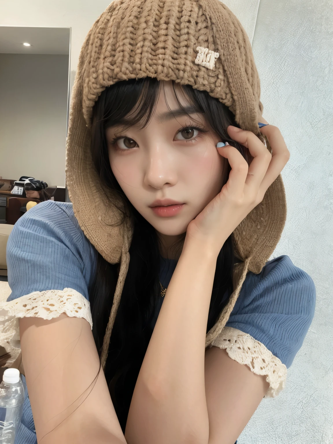 arafed asian woman wearing a brown hat and a blue shirt, ulzzang, sakimichan, jaeyeon nam, kim doyoung, chiho, wearing a cute hat, jinyoung shin, shikamimi, 🍁 cute, knitted hat, heonhwa choe, with straw hat, cutecore, sakimi chan, Seulgi from Red Velvet, Kang Seulgi, south korean woman