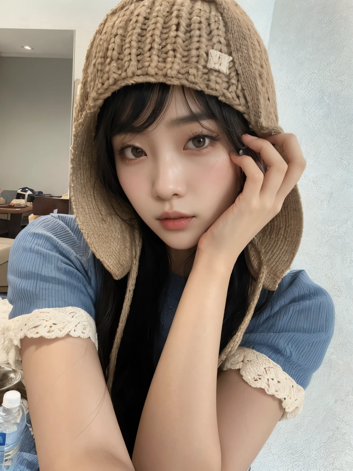 arafed asian woman wearing a brown hat and a blue shirt, ulzzang, sakimichan, jaeyeon nam, kim doyoung, chiho, wearing a cute hat, jinyoung shin, shikamimi, 🍁 cute, knitted hat, heonhwa choe, with straw hat, cutecore, sakimi chan, Seulgi from Red Velvet, Kang Seulgi, south korean woman