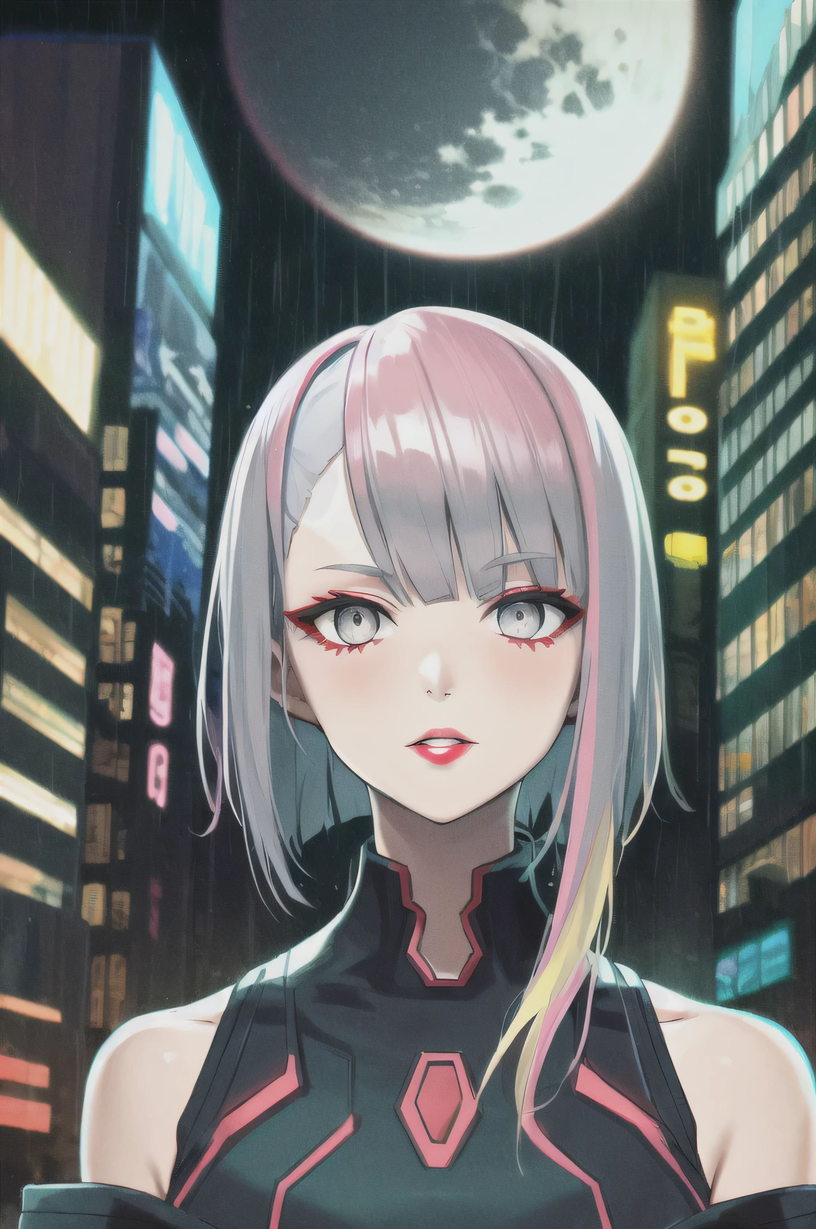 lucy \(cyberpunk\), 1girl, hair scrunchie, hime cut, silver hair, colored tips, full moon, grey eyes, jacket, long sleeves, looking at viewer, medium hair, multicolored hair, parted bangs, parted lips, pink hair, portrait, red eyeliner, red lips, solo, white jacket, cyberpunk \(series\), rainy night in a cyberpunk city with glowing neon lights