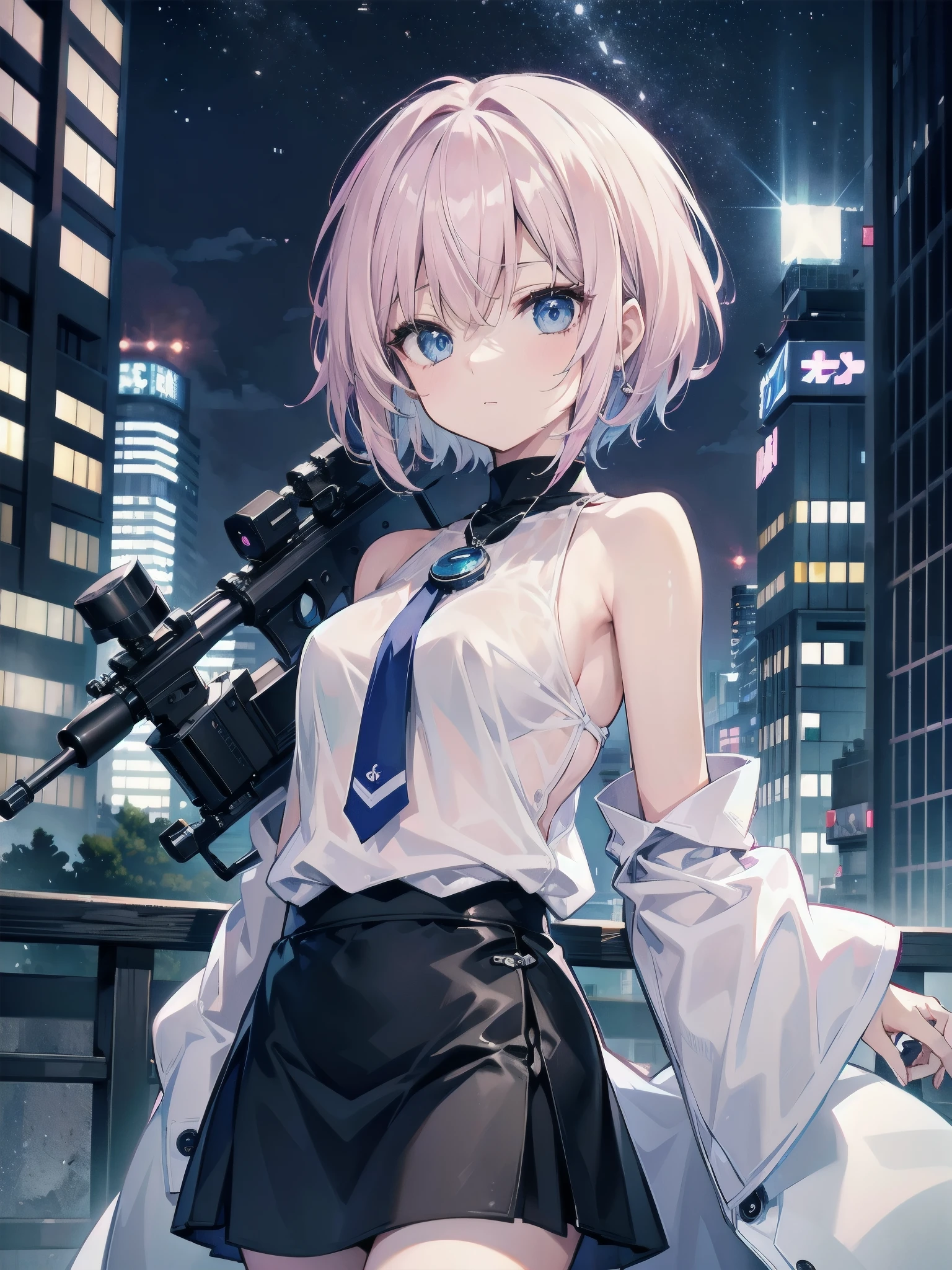 Late Night、Rooftop of an urban building、Sniper Woman、White medium short hair lob hair with light pink mesh、Blue Eyes、Black long coat、白いT-shirt、Black Skirt、Cool face、sapphire necklace、Cool woman、carrying a sniper rifle、high resolution、High Quality、High resolution、2 million pixels、2D illustration、Japan anime、,drawn by Japanese ilastrator