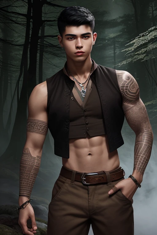 20-year-old man with Latin skin, tribal tattoos, black hair, military cut, black vest, brown shirt, brown pants, with black belt, silver buckle, slim muscular build, holding a quartz in a forest background with fog at night.