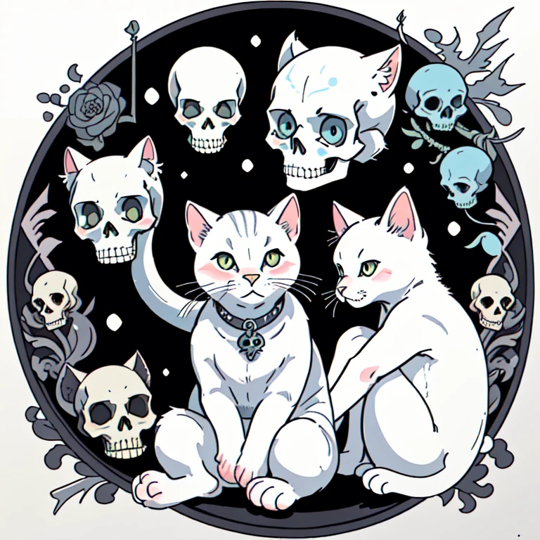 Traditional Tattoo Flash、Old School Tattoo Design、(White cat sitting on a skull)、Flat illustration