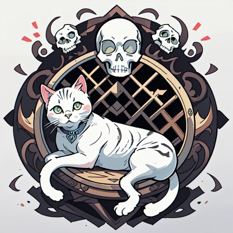 Traditional Tattoo Flash、Old School Tattoo Design、(White cat sitting on a skull)、Flat illustration