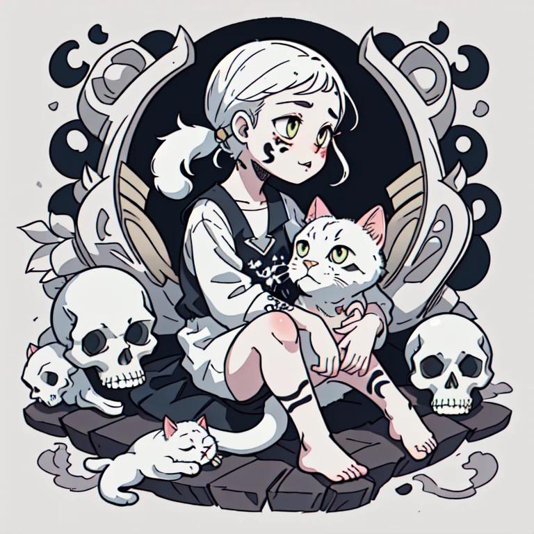Traditional Tattoo Flash、Old School Tattoo Design、（White cat sitting on a skull）、Flat illustration
