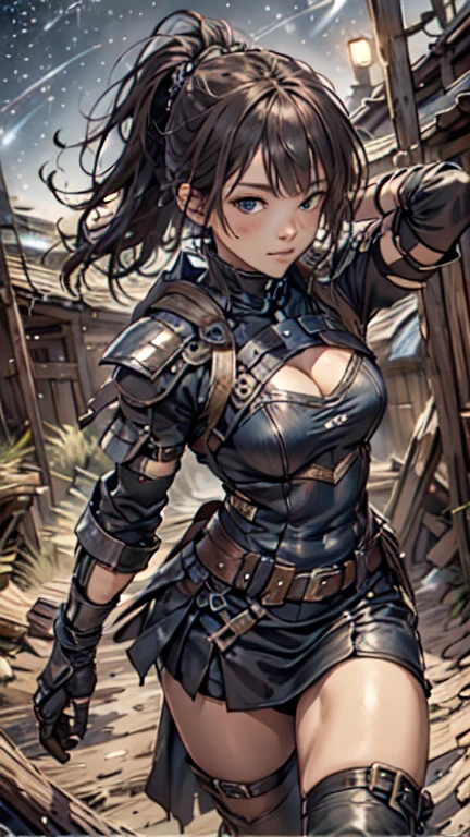 ((29-year-old female mercenary、Black Hair、ponytail:1.3、Deep blue eyes、Toned, muscular body、Black and purple outfit:1.6、(Equipped with sturdy leather armor:1.5、Shoulders and chest、Metal reinforcement on knees)、Throwing knives on belt、Calm and collected expression、(The background is the wilderness of another world:1.6)、Realist、A character skilled in survival techniques))