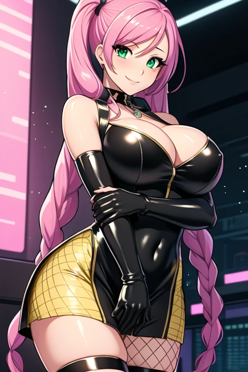 1 girl, 19 years old, Long pink hair, green eyes with slit pupils, master-piece, best quality, (standing up), (hair in a high pony braid), (yellow tight dress), (yellow short fishnet dress, black gloves, patent leather high heel boots, cleavage), (Big , ultra gigantic , Super super big, Glamorous body), Make eye contact with the camera, front figure, looking forward, (light_Smile:1.5), (Detailed hands and fingers:1.2) (Cyberpunk City), (FULL BODYSHOT), thighs thighs thighs thighs、beauty legs、Bare legs