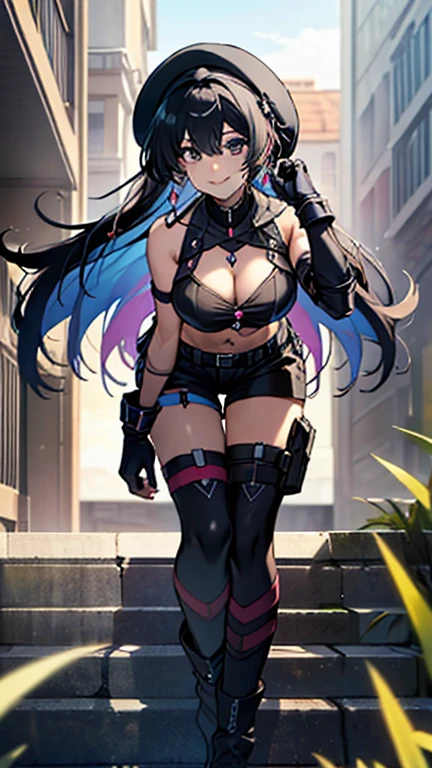 (Thynasha:1.2),dark blue hair,very long hair,hair between eyes,bangs, (miritary beret, black jacket, open clothes, cleavage, midriff, black shorts, black thighhighs, thigh strap, fingerless gloves, single glove:1.2) , (dynamic angle:1.3, front view:1.1, breast focus:1.3, from below:1.2), (dynamic posing:1.5, sexy posing:1.2, leaning forward), (seductive smiling:1.3),(*K) HD, highest quality, WorKs of masters, High resolution, spread legs, panties shot,1 girl, small nose,(with sparkling eyes and a contagious smile), very beautiful detailed face and eyes, bright colors, cute face, delicate beautiful face, Bright magenta eyes, cute eyes, sparkling eyes, Big eyes, (big breasts:1.3), (perky chest:1.1), (pointed chest:1.0), medium hips, glamorous body, white skin, smile, thin pubric hair, shiny hair, super beautiful face, Super beautiful eyes, Super beautiful hair，trendy outfit，sexy and attractive，explosion of colors，big hairpin，full body esbian，illegal occupation, Real World, Natural light,perfect Natural light,looking at viewer,