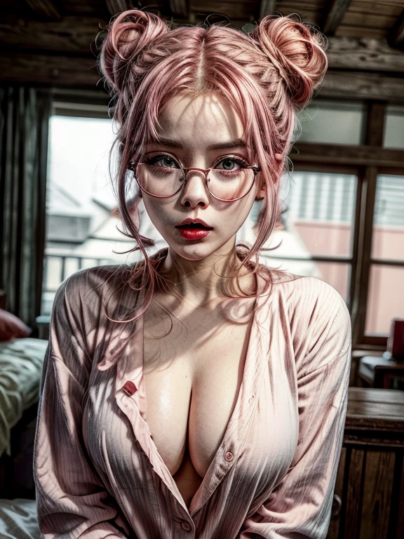 masterpiece, best quality, illustration, bun pink hair, sexy open mouth, look at viewer, red lips,rounded glasses, pajamas