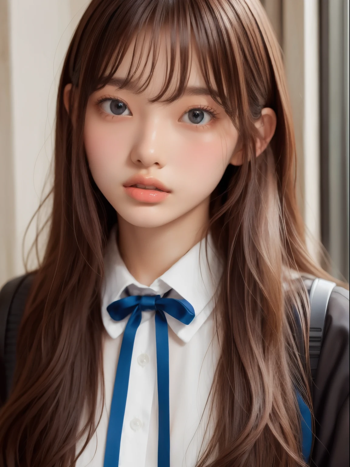 portlate、School Uniforms、bright expression、Young shiny shiny white shiny skin、Best Looks、Blonde reflected light、Platinum blonde hair with dazzling highlights、shiny light hair,、Super long silky straight hair、Beautiful bangs that shine、Glowing crystal clear attractive big blue eyes、Very beautiful nice cute 16 year old girl、Lush bust