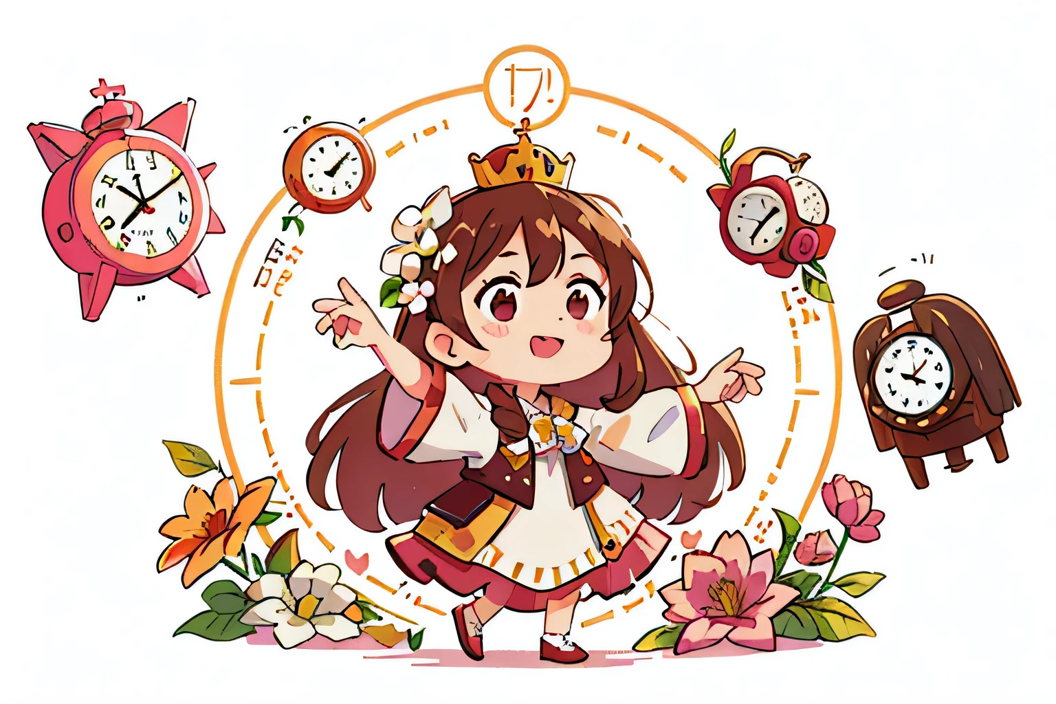 Girl with long brown hair,Wearing a white wedding suit,(with crown),oversized clock,pink flowers,colorful,Dance(with love)Happy(surrounded by love),O Logo,vector,Line Art,design,inspiration,straight line,RHAD