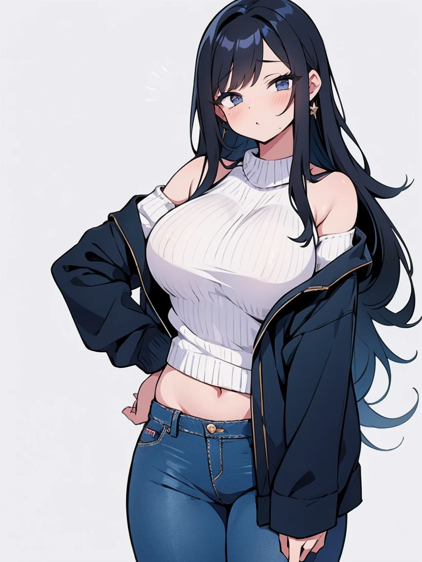 Sexy naked girl with long black hair without bangs and big wearing a white off-shoulder sweater, blue jeans, brincos e pequena bolsa de ombro