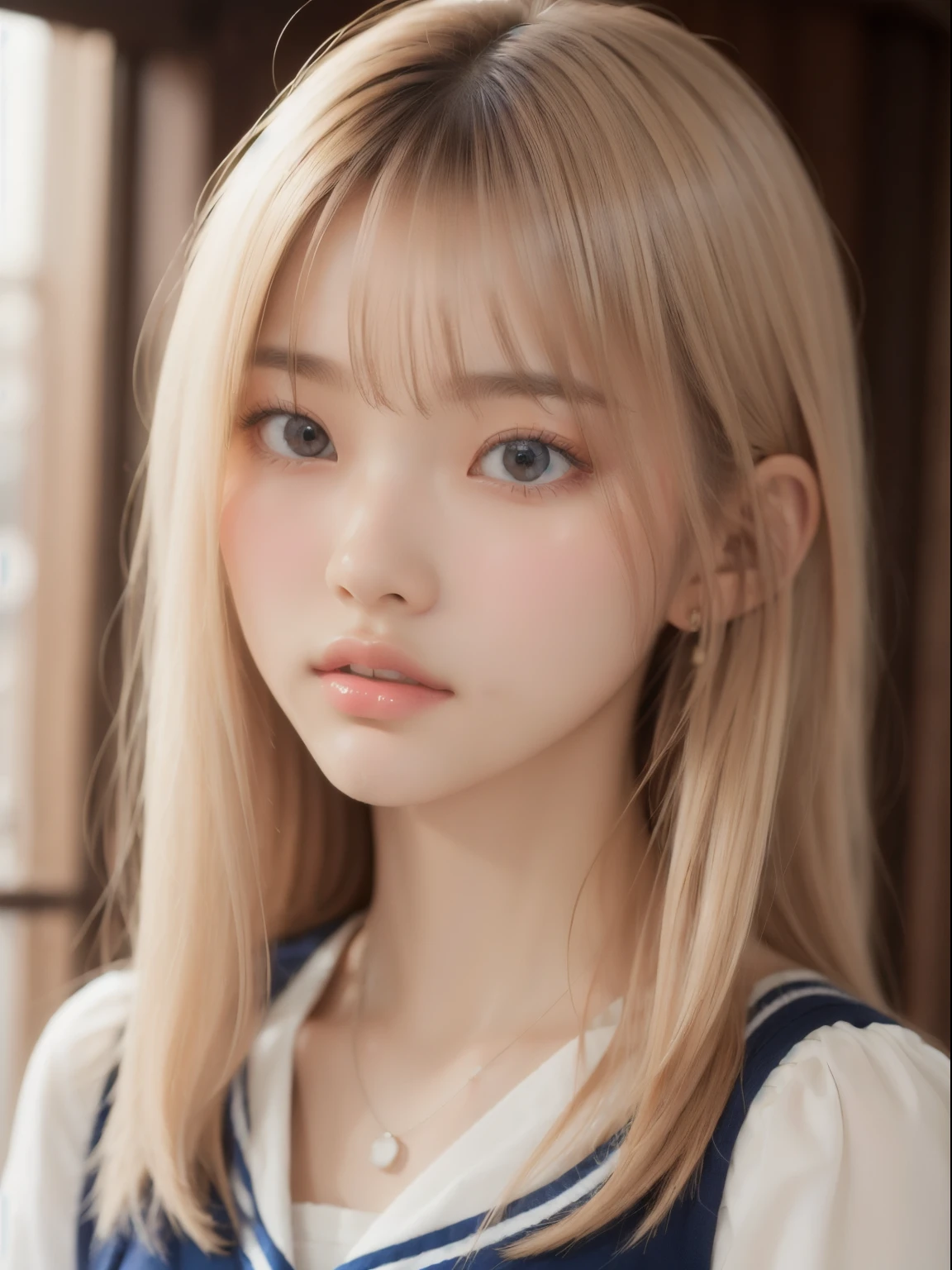 portlate、School Uniforms、bright expression、Young shiny shiny white shiny skin、Best Looks、Blonde reflected light、Platinum blonde hair with dazzling highlights、shiny light hair,、Super long silky straight hair、Beautiful bangs that shine、Glowing crystal clear attractive big blue eyes、Very beautiful nice cute  girl、Lush bust