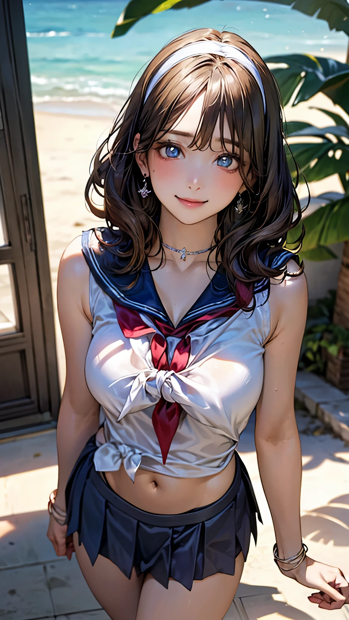 (masterpiece:1.2, top-quality), ultra-detailed, (realistic, photorealistic:1.4), beautiful illustration, (natural side lighting, movie lighting), depth of fields,
beautiful hair, beautiful face, beautiful detailed eyes, beautiful clavicle, beautiful body, beautiful chest, beautiful thigh, beautiful legs, beautiful fingers, perfect style,
looking at viewer, 1 girl, japanese, gravure Idol, high school girl, perfect face, cute and symmetrical face,
(short hair, wavy hair, blonde hair), blue eyes, realistic pupils, long eye lasher, (large breasts, thigh thickness), suntan, shinny skin, emphasizes cleavage,
((sleeveless sailor shirt, open front, navel, sheer micro mini skirt), choker, wrist chakra, hairband),
(beautiful scenery), tropical beaches, (versatile sexy poses), (lovely smile, upper eyes),