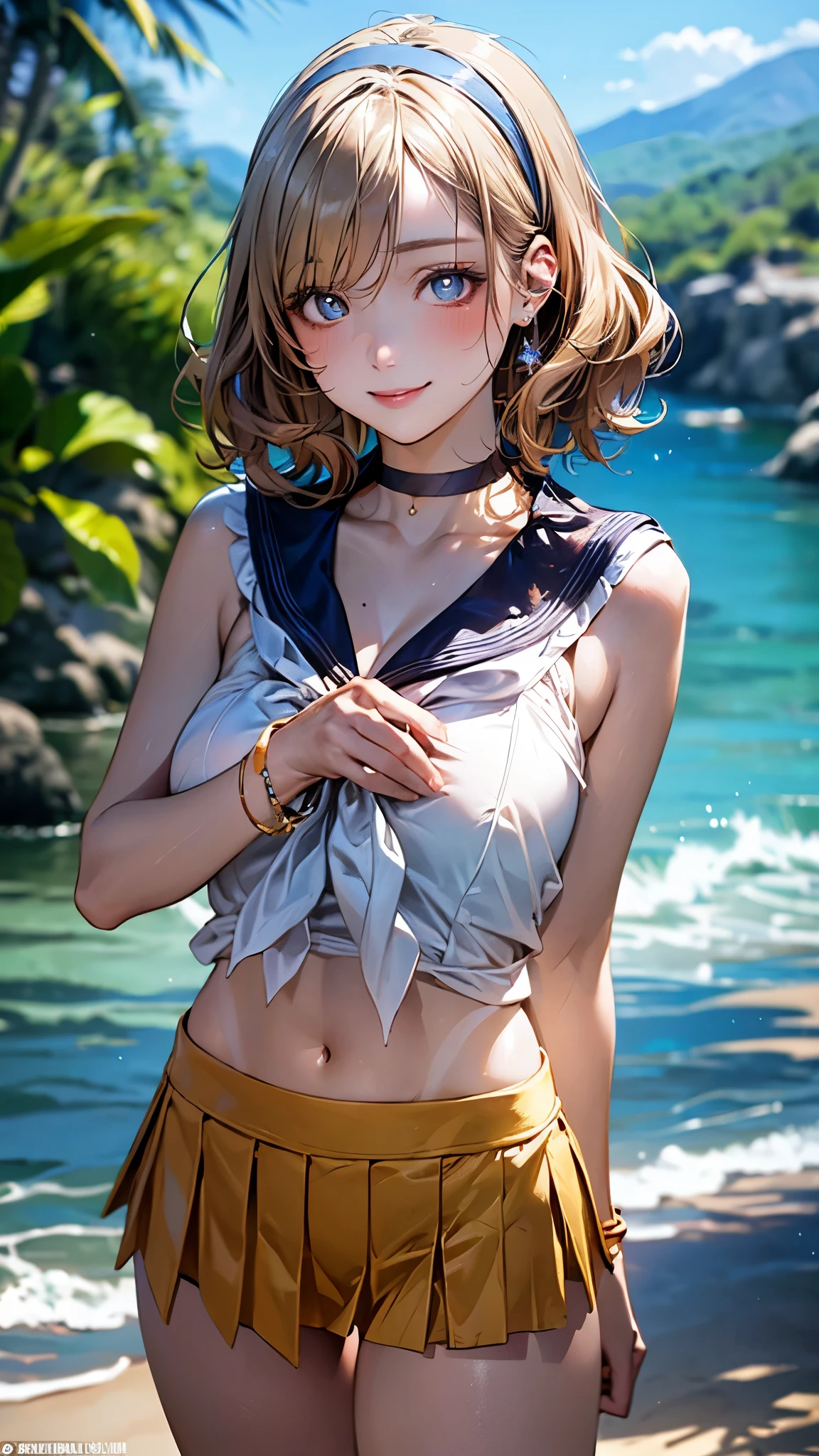 (masterpiece:1.2, top-quality), ultra-detailed, (realistic, photorealistic:1.4), beautiful illustration, (natural side lighting, movie lighting), depth of fields, 
beautiful hair, beautiful face, beautiful detailed eyes, beautiful clavicle, beautiful body, beautiful chest, beautiful thigh, beautiful legs, beautiful fingers, perfect style, 
looking at viewer, 1 girl, japanese, gravure Idol, high school girl, perfect face, cute and symmetrical face, 
(short hair, wavy hair, blonde hair), blue eyes, realistic pupils, long eye lasher, (large breasts, thigh thickness), suntan, shinny skin, emphasizes cleavage, 
((sleeveless sailor shirt, open front, navel, sheer micro mini skirt), choker, wrist chakra, hairband), 
(beautiful scenery), tropical beaches, (versatile sexy poses), (lovely smile, upper eyes),