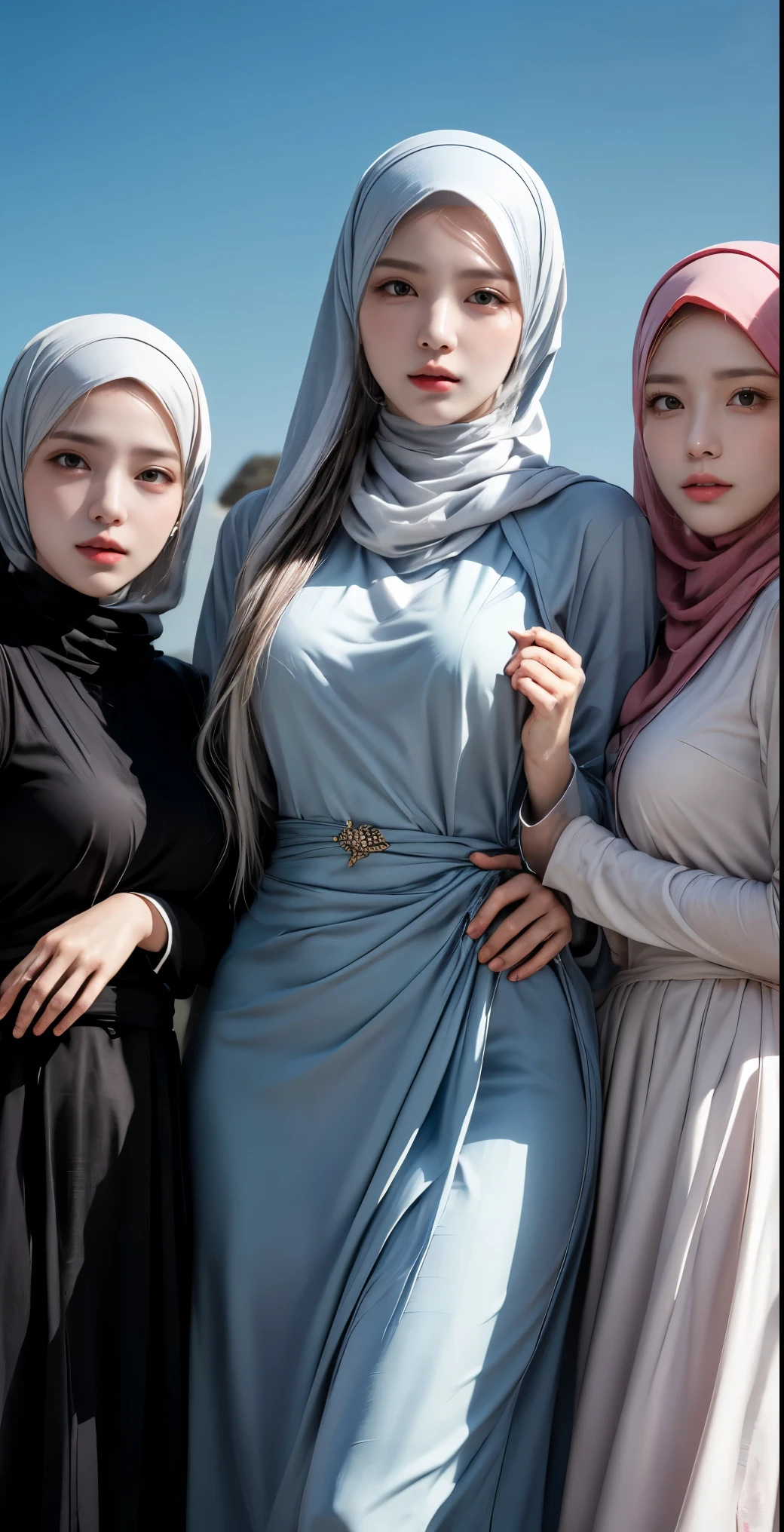 masutepiece, Best Quality, Illustration, Ultra-detailed, finely detail, hight resolution, 8K Wallpaper, Perfect dynamic composition, Multiple people, (3 girls taking photos), Beautiful detailed eyes, Natural Lip, Wear hijab moslem, long gamis syari, photo full body, view of the blue sky, close-up photo