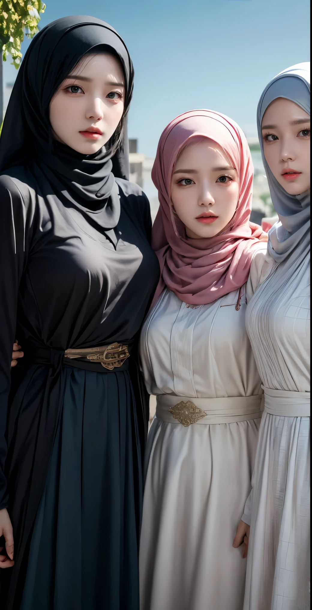 masutepiece, Best Quality, Illustration, Ultra-detailed, finely detail, hight resolution, 8K Wallpaper, Perfect dynamic composition, Multiple people, (3 girls taking photos), Beautiful detailed eyes,  Natural Lip, Wear hijab moslem, long gamis syari, photo full body, view of the blue sky, close-up photo