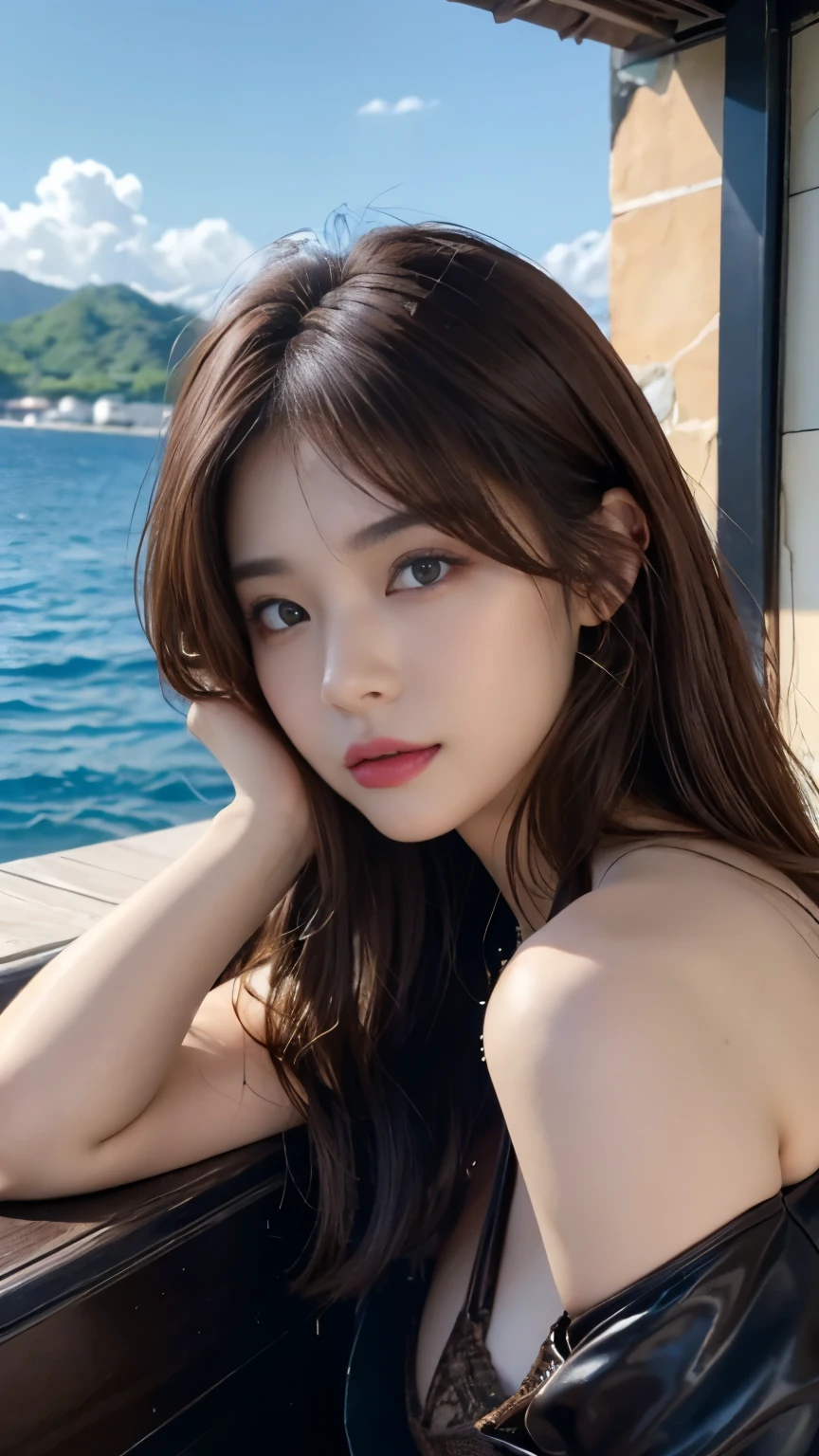 ((Genuineライティング、highest quality、8k、masterpiece:1.3))、8k、Clear focus:1.2、Obviously big blue eyes、(All Nude:1.5)、((Genuine)) 、((Genuine light、highest quality) )、Model Body Type:1.4、(Dark brown hair、outside:1.8)、Long Hair、Resort、At Nangoku Hotel、(24-years-old:1.3)、Highly detailed face、Beautiful Eyes、double eyelid、necklace、Put your hair over one eye、High heels、eyeliner、Please comb your hair、Blue sea view、liberation、Model pose、(Browsing Caution:1.5)