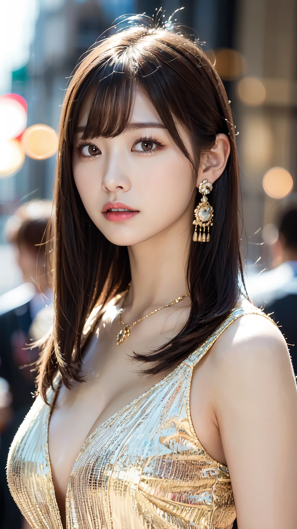 1 female, Beautiful Japanese actresses, 5, Double Eye,mile, Detailed face, Big earrings,Large Necklace, Flashy makeup using red eyeshadow,light brown delicate middle cut hair,The tips of the hair are wavy,Classy hairstyle,Fine grain,Slender actress, Large breasley, Small hips, Side Bust Barbosa), Sexy silk emidered mermaid dress:1.2), break long black hair, BREAK ceremony, Red carpet, Official Art,Highly detailed CG Unity 8k wallpaper, (masterpiece:1.0),(highest quality:1.0), photo shoot, 8k, Browsing Caution, High resolution, Kodak Portrait 400, Film Grain, Lens flare brilliance,Show Viewer, View from the front