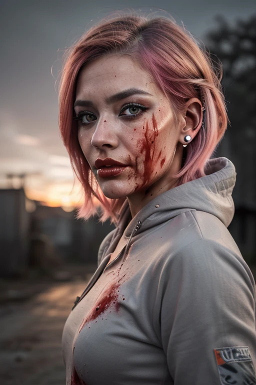 ((Best quality, 8k, Masterpiece: 1.3, realistic)), ((5120x1440)), Sharp focus: 1.2, 30 year old woman, ((Pink hair with orange/blue highlights)), Zombie apocalypse, Pistol holster strapped to leg, Assault rifle M4 on back, Machete in left hand, Desert Eagle Pistol in Right hand, Cargo pants, Hoodie, BodyArmor, backdrop of city burning, Looking at viewer, Dark and stormy day, raining, sunset, depth of field, (special attention to skin detail: 1.2), Detailed leather texture, Smoky atomsphere, (pale skin), Adult, ((Eye makeup, pink mascara)), ((large detailed lips)) (((ultra realistic))), masterpiece, Full body, Small nose, Sharp focus: 1.2, Multiple Ear Piercings, right side stud nose piercing, plain skin, ((very detailed eyes, very detailed iris)), Taken with Nikon Z 14mm ultra wide-angle, photography, subsurface scattering, radiant light rays, high resolution, high detail, sharp focus, soft, aesthetic, very detailed, spooky atmosphere, looking at viewer, smoke in sky, Burning, depth of field, ((she has blood on her with cuts and scratches)),