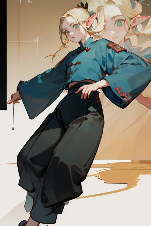 (masterpiece, Best quality) detailed, wear black pants, Silver Accessories , Zipper open , blonde ,elegant, Pointed ears ,chinese style,Hanfu,Whole body,Chinese pattern,