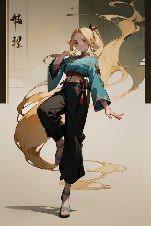 (masterpiece, Best quality) detailed, wear black pants, Silver Accessories , Zipper open , blonde ,elegant, Pointed ears ,chinese style,Hanfu,Whole body,Chinese pattern,