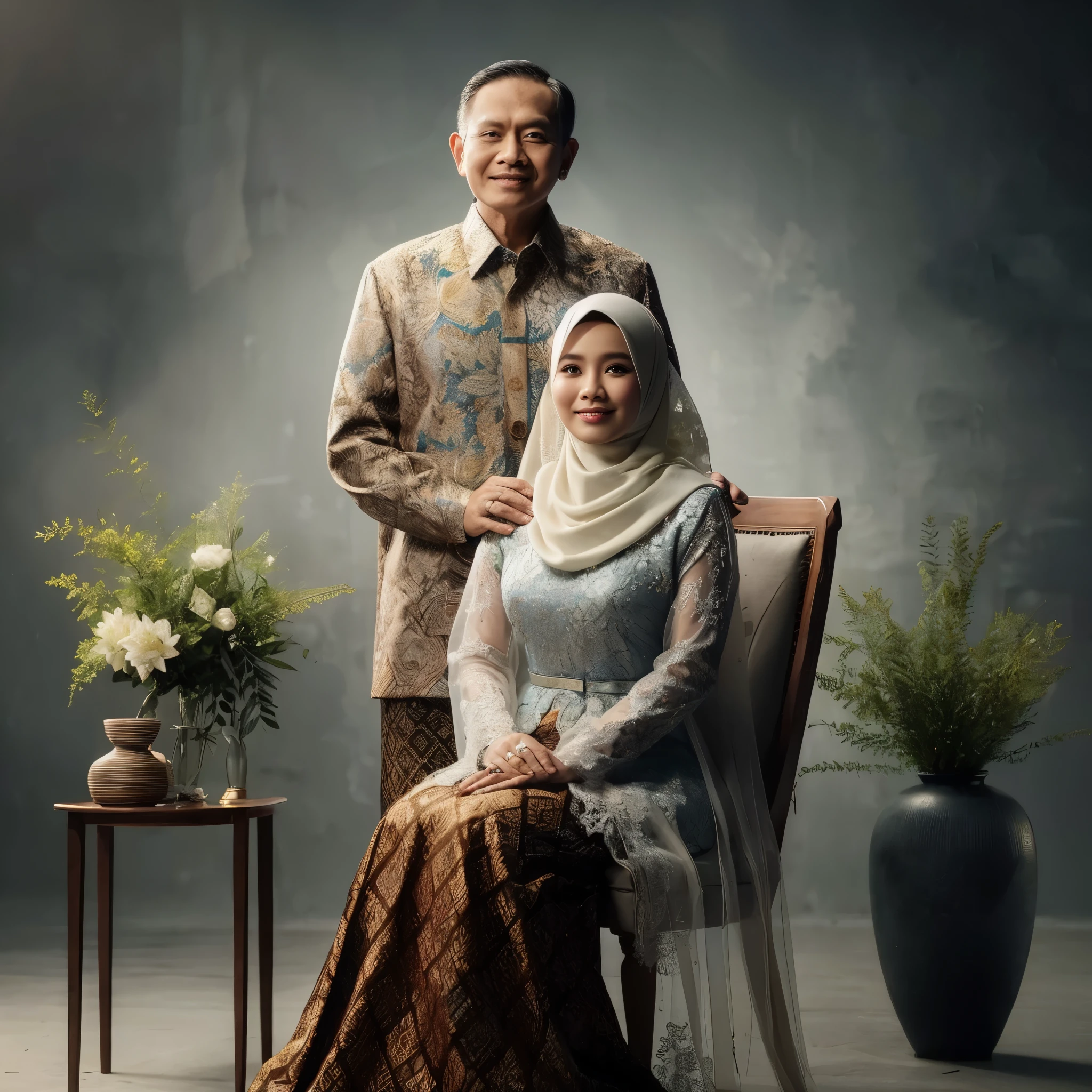 fotografi, foto dalam ruangan, seluruh tubuh, seorang wanita Indonesia berusia 55 tahun duduk di kursi, memakai kerudung, memakai baju batik panjang, di di belakangnya berdiri seorang ayah berusia 55 tahun dengan wajah bersih, rambut sangat pendek, mengenakan pakaian batik formal, tersenyum, latar belakang studio abstrak abu-abu, vas bunga hijau, detail, pencahayaan bagus, fotografi profesional, HD, 8K,