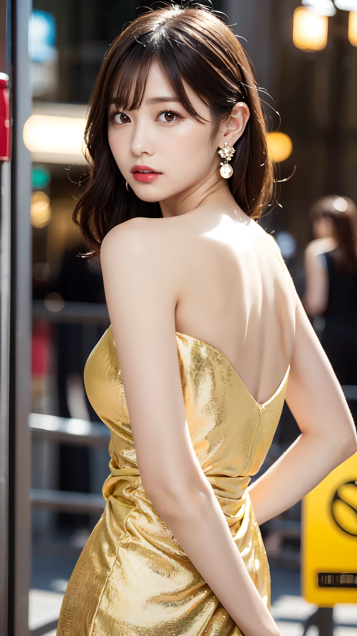 1 female, Beautiful Japanese actresses, Age 25, Double Eye,mile, Detailed face, Big earrings,Large Necklace, Flashy makeup using red eyeshadow,light brown delicate middle cut hair,The tips of the hair are wavy,Classy hairstyle,Fine grain,Slender actress, Small hips, Side Bust Barbosa),Butt crack, Bare waist, Bare back:1.3),Sexy silk embroidered mermaid dress:1.2), break long black hair, slouch, BREAK ceremony, Red carpet, Official Art,Highly detailed CG Unity 8k wallpaper, (masterpiece:1.0),(highest quality:1.0), photo shoot, 8k, Browsing Caution, High resolution, Kodak Portrait 400, Film Grain, Lens flare brilliance,Show Viewer