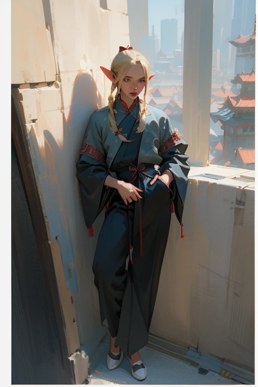 (best quality,masterpiece:1.2),ultra-detailed,(realistic,photorealistic,photo-realistic:1.37),wear black pants, silver accessories, unzipped zipper, blonde hair, elegant, pointed ears, Chinese style, Hanfu, full body, Chinese pattern,