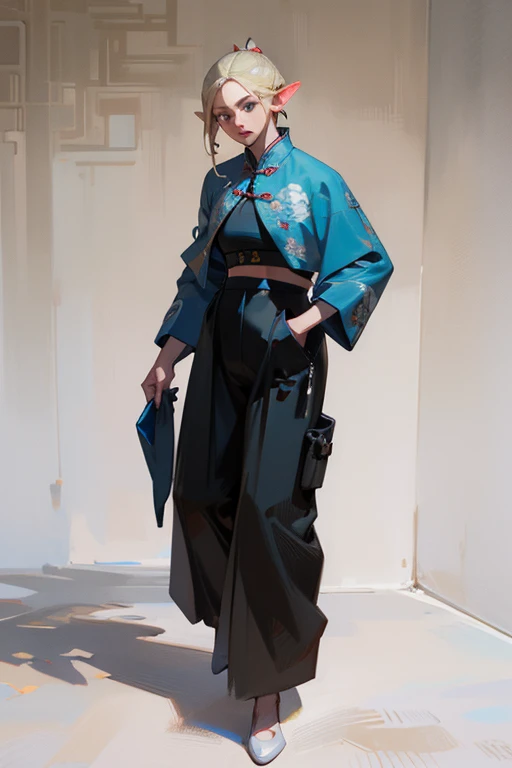 (best quality,masterpiece:1.2),ultra-detailed,(realistic,photorealistic,photo-realistic:1.37),wear black pants, silver accessories, unzipped zipper, blonde hair, elegant, pointed ears, Chinese style, Hanfu, full body, Chinese pattern,