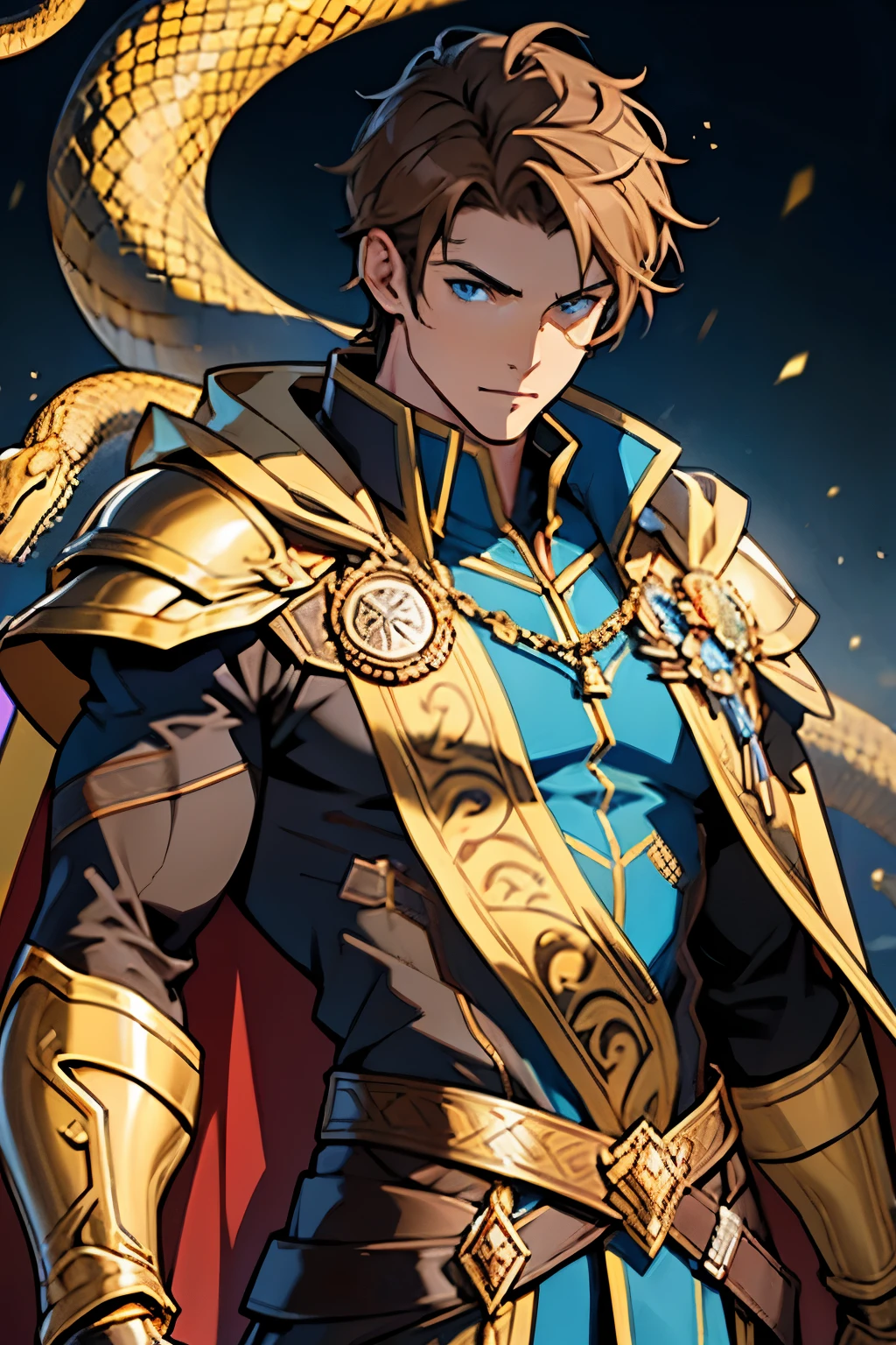 1 man, brown hair, blue eyes, wearing Detailed golden armor With golden snake, and cape strong body, 