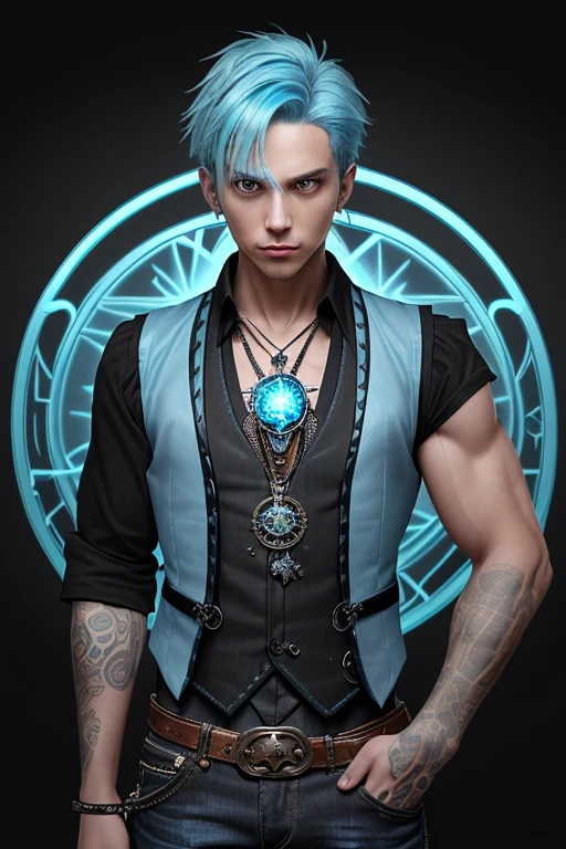 Guy in his 20s light blue hair Steampunk vest black shirt black jeans slim muscular build pentagram medallion looking straight at viewer in potions store background black belt with star-shaped buckle holding a crystal 