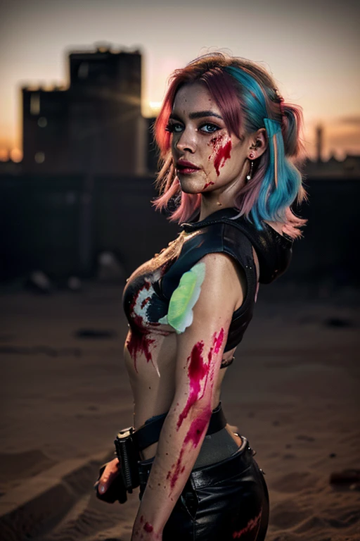 ((Best quality, 8k, Masterpiece: 1.3, realistic)), ((5120x1440)), Sharp focus: 1.2, 30 year old woman, ((Pink hair with orange/blue highlights)), Zombie apocalypse, Pistol holster strapped to leg, Assault rifle M4 on back, Machete in left hand, Desert Eagle Pistol in Right hand, Cargo pants, Hoodie, BodyArmor, backdrop of city burning, Looking at viewer, Dark and stormy day, raining, sunset, depth of field, (special attention to skin detail: 1.2), Detailed leather texture, Smoky atomsphere, (pale skin), Adult, ((Eye makeup, pink mascara)), ((large detailed lips)) (((ultra realistic))), masterpiece, Full body, Small nose, Sharp focus: 1.2, Multiple Ear Piercings, right side stud nose piercing, plain skin, ((very detailed eyes, very detailed iris)), Taken with Nikon Z 14mm ultra wide-angle, photography, subsurface scattering, radiant light rays, high resolution, high detail, sharp focus, soft, aesthetic, very detailed, spooky atmosphere, looking at viewer, smoke in sky, Burning, depth of field, ((she has blood on her with cuts and scratches)),