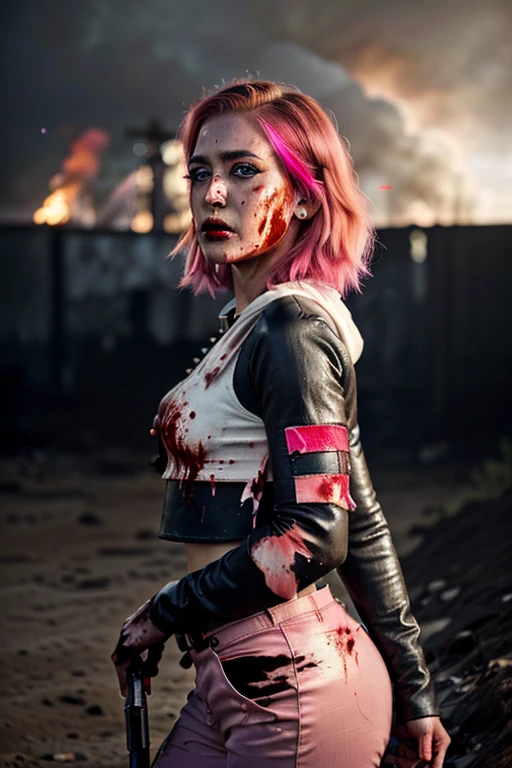 ((Best quality, 8k, Masterpiece: 1.3, realistic)), ((5120x1440)), Sharp focus: 1.2, 30 year old woman, ((Pink hair with orange/blue highlights)), Zombie apocalypse, Pistol holster strapped to leg, Assault rifle M4 on back, Machete in left hand, Desert Eagle Pistol in Right hand, Cargo pants, Hoodie, BodyArmor, backdrop of city burning, Looking at viewer, Dark and stormy day, raining, sunset, depth of field, (special attention to skin detail: 1.2), Detailed leather texture, Smoky atomsphere, (pale skin), Adult, ((Eye makeup, pink mascara)), ((large detailed lips)) (((ultra realistic))), masterpiece, Full body, Small nose, Sharp focus: 1.2, Multiple Ear Piercings, right side stud nose piercing, plain skin, ((very detailed eyes, very detailed iris)), Taken with Nikon Z 14mm ultra wide-angle, photography, subsurface scattering, radiant light rays, high resolution, high detail, sharp focus, soft, aesthetic, very detailed, spooky atmosphere, looking at viewer, smoke in sky, Burning, depth of field, ((she has blood on her with cuts and scratches)), 