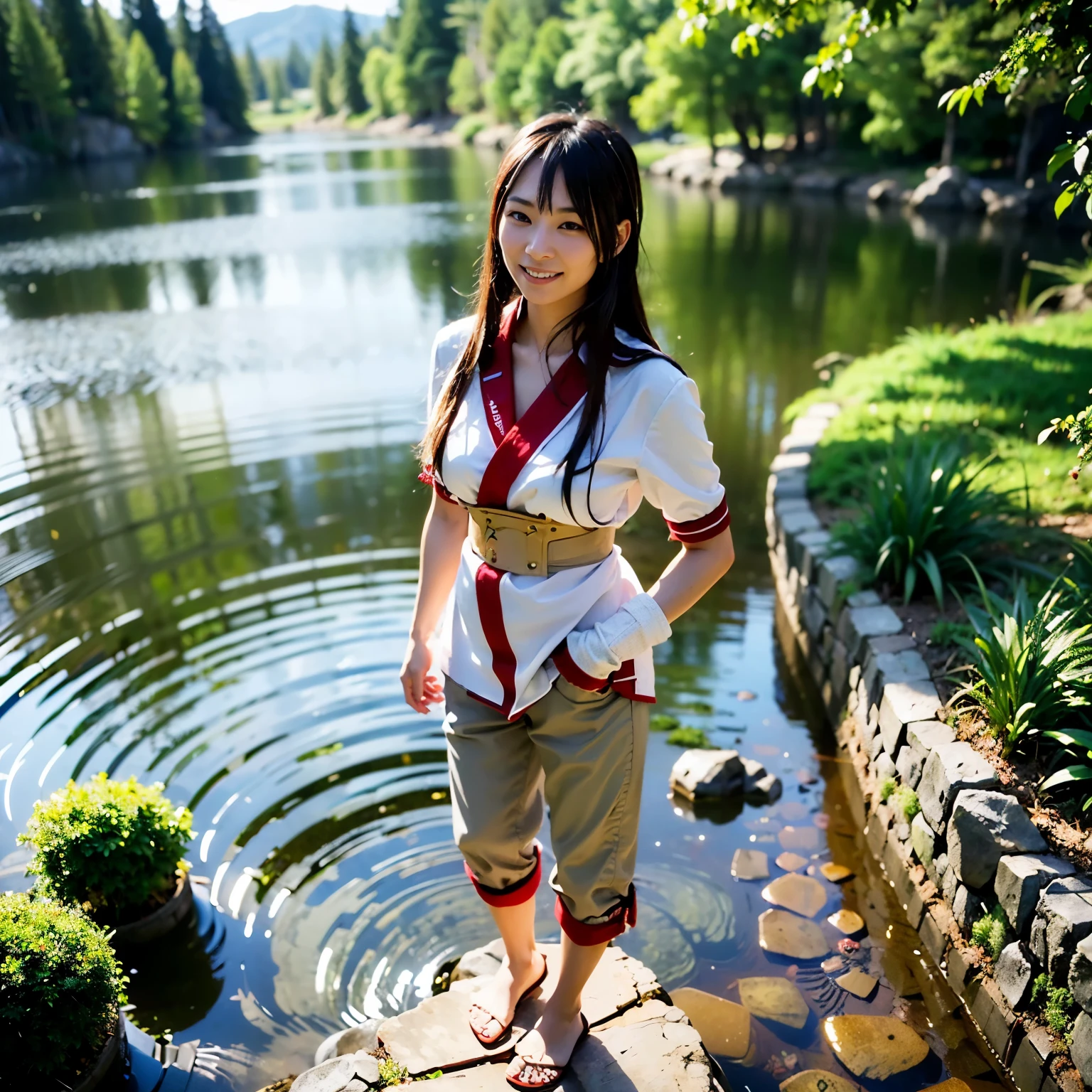 Japanese woman, heavy equipment, Mechanical backpack, very beautiful face, double teeth, fangs, reinforced exoskeleton with insect references, canine teeth, smiling face, blond hair, full body shot, photorealistic, realistic, ultra realistic, ultra detailed, ultimate intricate detail, lighting highlighting machinery, glossy, cave with a suspicious atmosphere