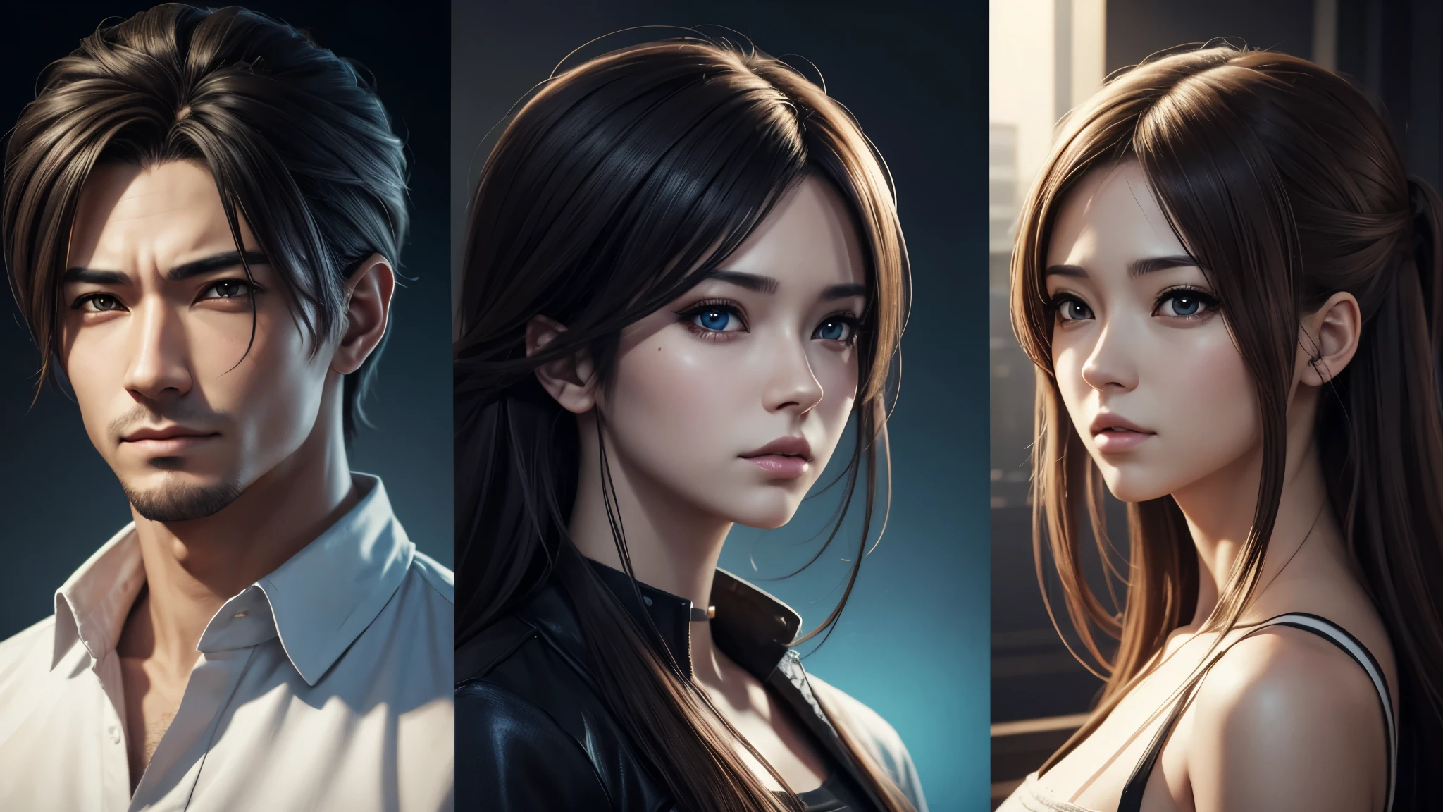 Two People, Two realities, Woman in hyper realistic style, man in anime style, epic digital painting, 