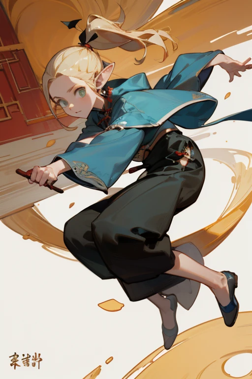 (masterpiece, Best quality) detailed, wear black pants, Silver Accessories , Zipper open , blonde ,elegant, Pointed ears ,chinese style,Hanfu,Whole body,Chinese pattern,