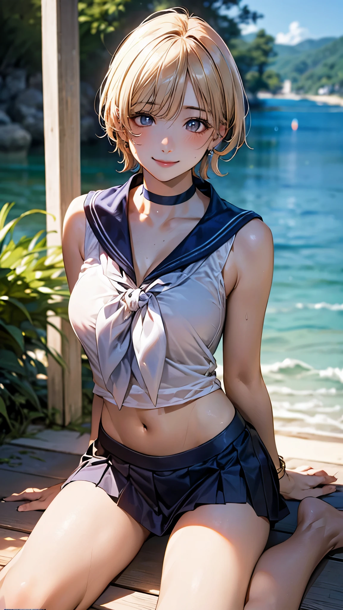 (masterpiece:1.2, top-quality), ultra-detailed, (realistic, photorealistic:1.4), beautiful illustration, (natural side lighting, movie lighting), depth of fields,
beautiful hair, beautiful face, beautiful detailed eyes, beautiful clavicle, beautiful body, beautiful chest, beautiful thigh, beautiful legs, beautiful fingers, perfect style,
looking at viewer, 1 girl, japanese, gravure Idol, high school girl, perfect face, cute and symmetrical face,
(short hair, blonde hair), blue eyes, realistic pupils, long eye lasher, (large breasts, thigh thickness), suntan, shinny skin, emphasizes cleavage,
((sleeveless navy sailor shirt, open front, navel, navy sheer micro mini skirt), choker, wrist chakra, hairband),
(beautiful scenery), tropical beaches, (wariza, versatile sexy poses), (lovely smile, upper eyes),