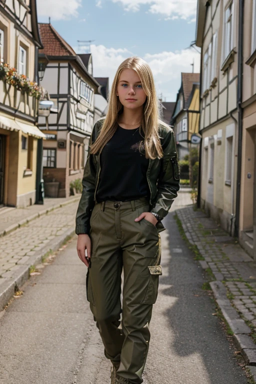 A blonde girl dressed in scant, light, feminine military clothing with a black shirt and cammo pants and jacket is standing in a pretty German town of the countryside.
