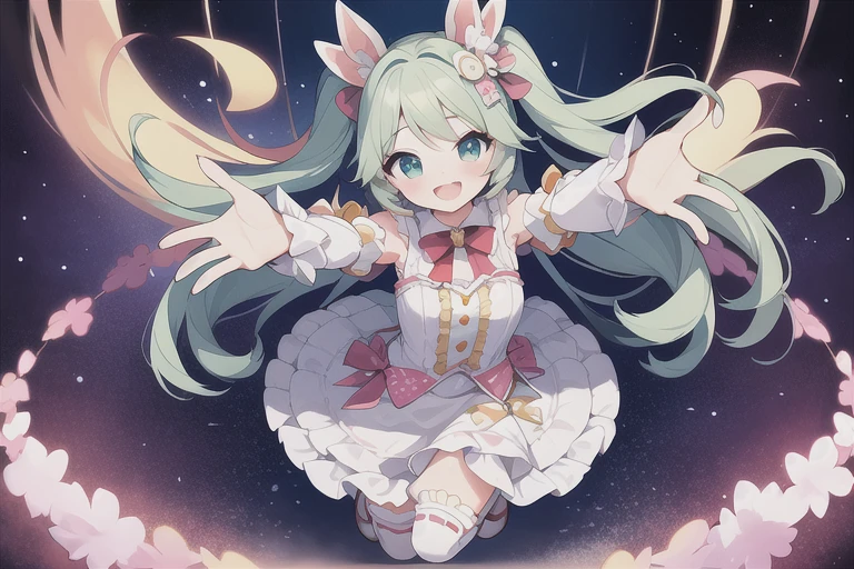 Anime girl、solo、Yume is cute、Nauseatingly darling、Harajuku、Head and body low.、Pastel colors、Random coordination、A frill、ribbon bow、dynamic poses、Live impression、full body, lesbian、smile、big eyes、Kitschy aesthetics、Details, which you may miss when flashing、Pastel background with fluffy motifs