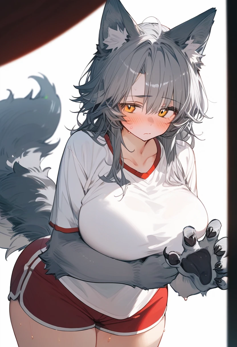 score_9, score_8_up, score_7_up, score_6_up, score_5_up, BREAK source_anime, rating_questionable, 1girl, upper body, wolf ears, wolf tail, furred hands, gray fur, tall, giant breasts, motherly hips, thick thighs, yellow eyes, blush, closed mouth, sweat, white shirt, red boxers