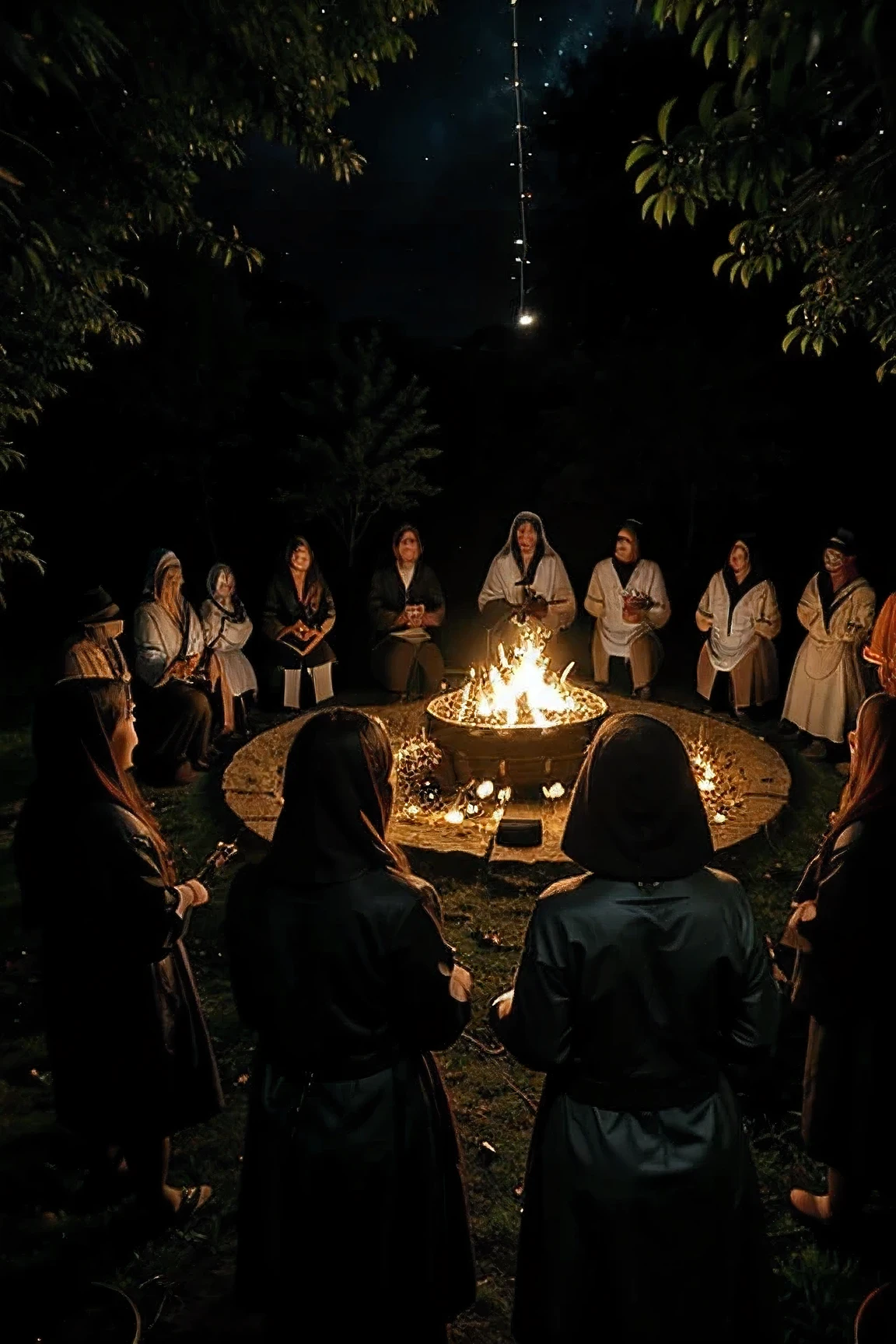 Entre as coberturas de uma floresta antiga, a satanic sect gathers under the sinister, Moonlit sky. twelve individuals, vestido com vestes de tons escuros, gather in a circle around a carved statue of Satan. The air is thick with the smell of burning incense and the faint sound of rhythmic chanting.. The scene is shrouded in darkness, the only light coming from the flickering torches that surround the circle. The faces of the cult members are partially hidden, your unreadable expressions, mas seus olhos brilham com uma intensidade sobrenatural. Robes femininos e masculinos se misturam, o tecido ondulando na suave brisa da noite.