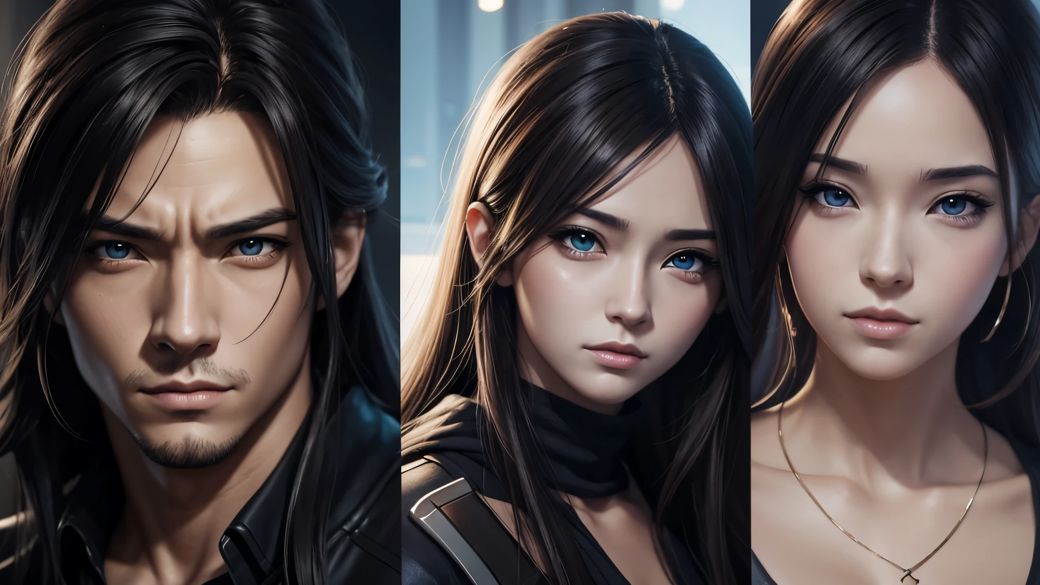 Two People, Two realities, Woman in hyper realistic style, man in anime style, epic digital painting, 